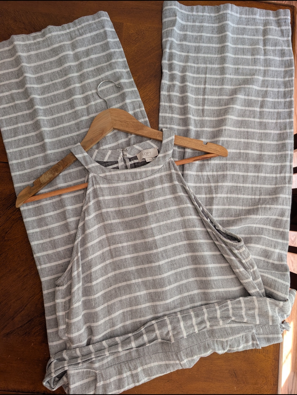 LOFT Gray and White Striped Sleeveless Jumpsuit